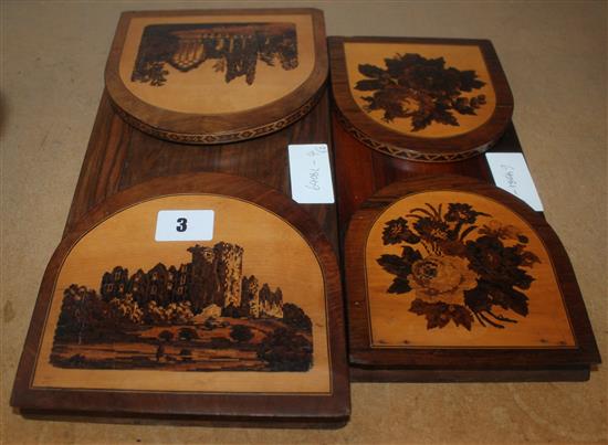 Two Tunbridge ware book slides, one with views of Ross Castle, Muckross Abbey ruins, the other with flowers